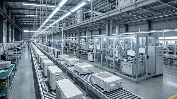 Outdoor condensers and indoor fan coil units staged for OEM shipment