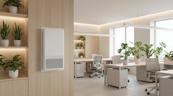 Compact static air purifier unit on table in interior