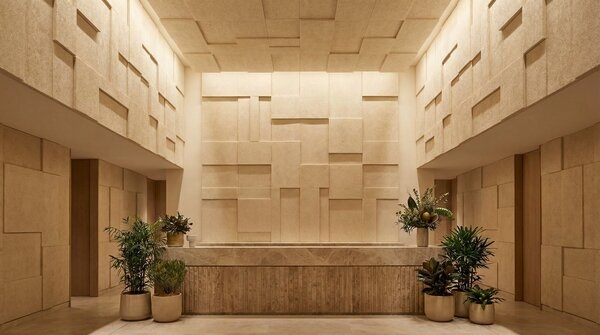 Embossed acoustic panels used on ceiling and walls