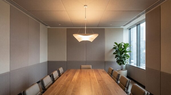 Fabric-wrapped acoustic panels used on ceiling raft