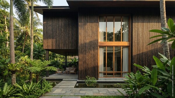 Exterior facade finished with strand woven bamboo cladding boards