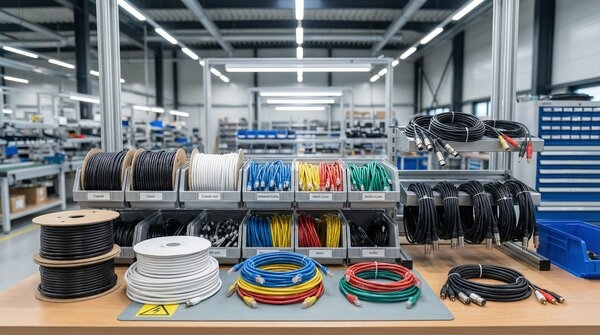 Coaxial, patch and audio cables organised in rack