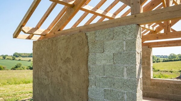 Hemp block masonry wall under construction