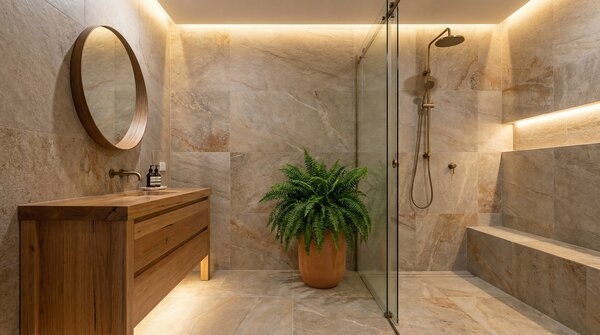 Natural-look porcelain tiles used as interior and exterior flooring