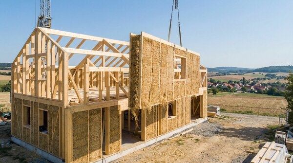 Prefabricated straw wall panels forming external building envelope