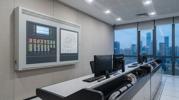 Fire alarm control panels and monitoring screens in control room