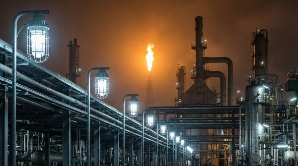 Explosion-proof LED light fitting in industrial setting