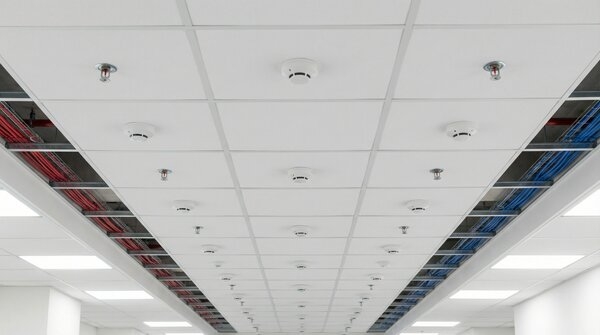 Ceiling grid with fire and smoke detectors installed