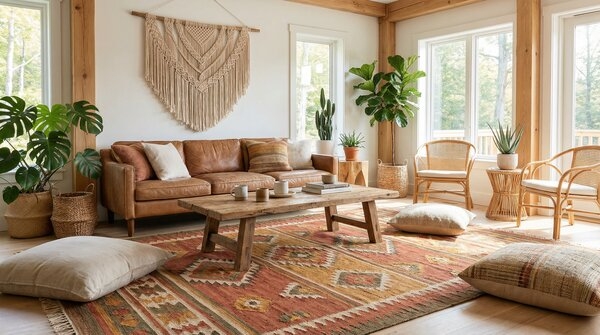 Handmade recycled-fibre rug and pouf in lounge