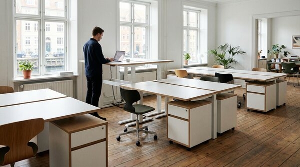 Sit-stand desks and office storage in a modern workspace