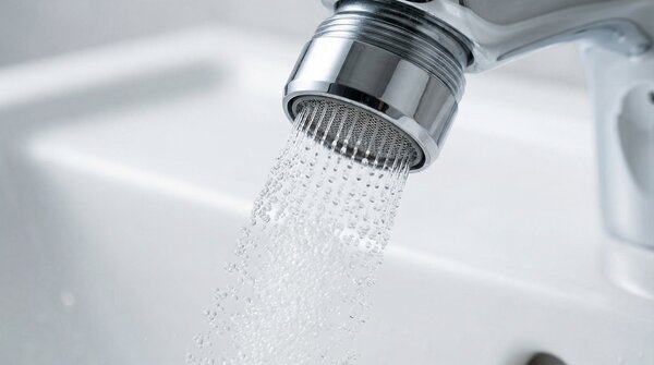 Close-up of water-saving aerator stream from tap