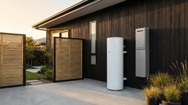 Outdoor heat pump unit installed beside building