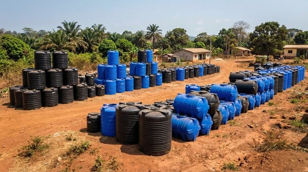 Array of plastic water storage tanks in yard