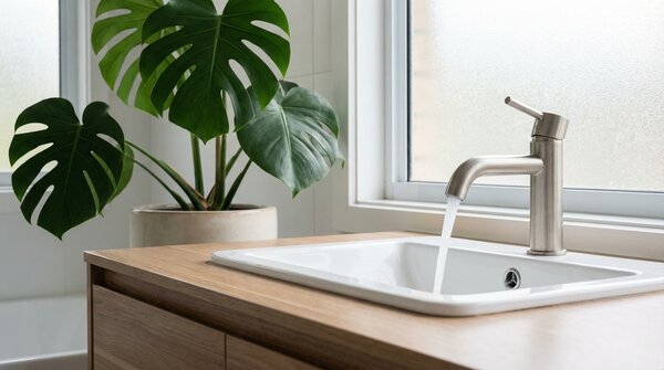 Low-flow basin mixer installed on vanity