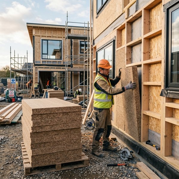 Rice husk composite insulation boards on construction site