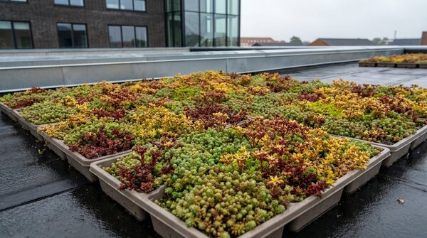 Sedum green roof trays on pitched and flat roof surfaces