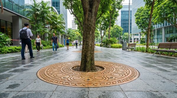 Decorative stone tree grate surrounding street tree in paved footpath