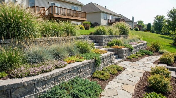 Segmental retaining wall blocks and paving in landscape