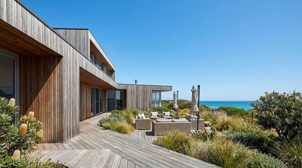 Native timber decking and cladding in coastal landscape