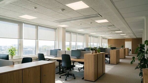 Office space with daylight harvesting lighting and sensors