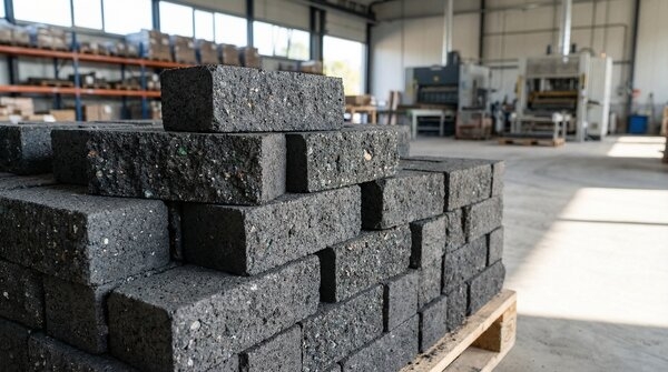 Carbon-negative compressed earth masonry bricks on pallet