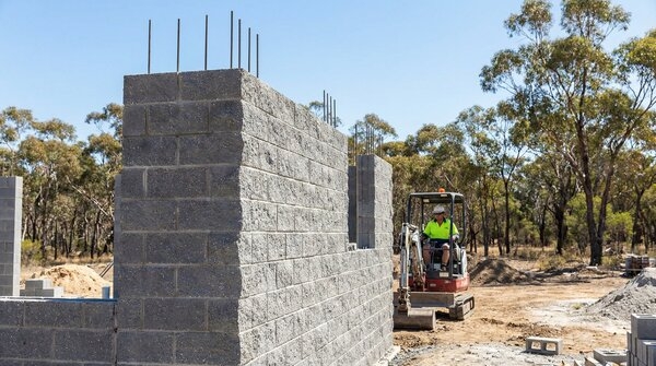 Sustainable masonry blocks and pavers in landscaped setting