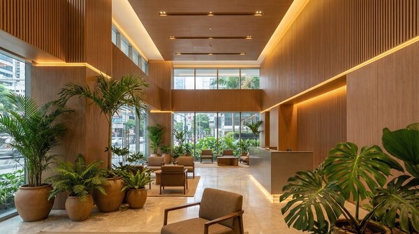 Wood composite wall panels used in warm-toned commercial interior partitioning