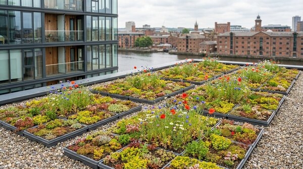 Modular sedum green roof trays installed on flat roof of urban building
