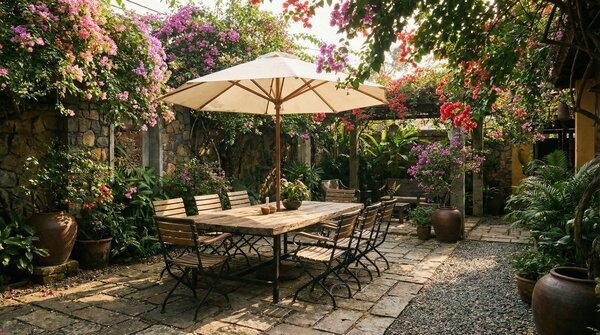 Mixed material outdoor dining set with timber and metal frames