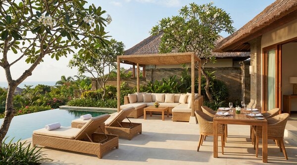 Rattan outdoor lounge furniture beside garden and pool