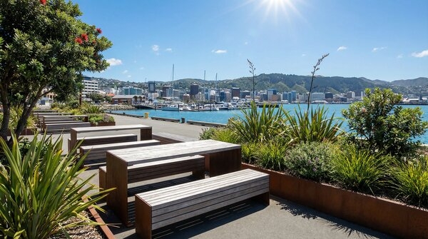 Timber outdoor tables and benches in commercial courtyard