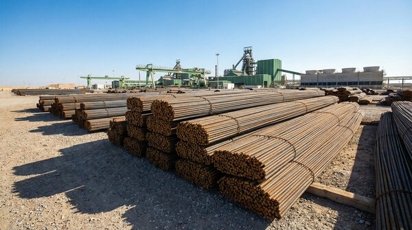 Low-carbon steel rebar bundles stored in yard